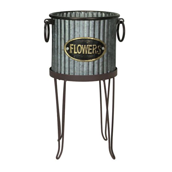 Galvanized Gray Metal Round Flower Pot Indoor/Outdoor Garden Planter with Stand - Picture 1 of 2